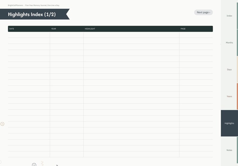 May include: A digital planner page titled Highlights Index (1/2) featuring a table with columns for Date, Year, Highlight, and Page. The layout includes a navigation sidebar with tabs for Index, Months, Days, Years, Highlights, and Notes.
