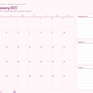 May include: A digital planner page for January 2027 with a light pink background. The layout features a monthly calendar grid, a sidebar with navigation tabs, and three lined sections for bookings, supply orders, and social posts.