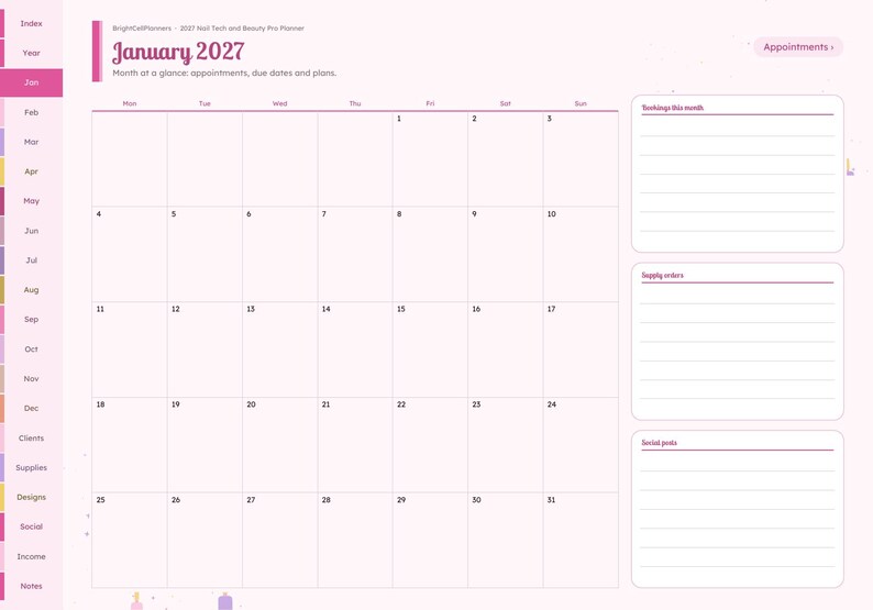 May include: A digital planner page for January 2027 with a light pink background. The layout features a monthly calendar grid, a sidebar with navigation tabs, and three lined sections for bookings, supply orders, and social posts.