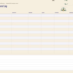 May include: A cream-colored tabletop RPG campaign journal page titled Quest Log. The layout features a grid with columns for quest, given by, reward, leads, started, and complete with checkboxes. Decorative compass icons appear on the right.