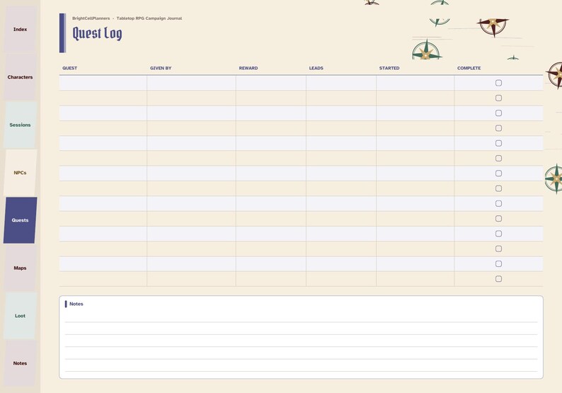 May include: A cream-colored tabletop RPG campaign journal page titled Quest Log. The layout features a grid with columns for quest, given by, reward, leads, started, and complete with checkboxes. Decorative compass icons appear on the right.