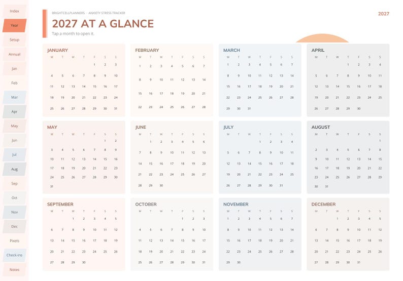 Peut inclure: Une page de planificateur num&eacute;rique 2027 intitul&eacute;e 2027 AT A GLANCE, pr&eacute;sentant une grille de calendrier de douze mois avec des onglets de navigation sur le c&ocirc;t&eacute; gauche. La mise en page utilise une palette de couleurs p&ecirc;che, bleu clair et blanc.