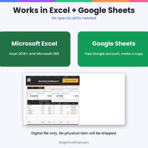 May include: A digital spreadsheet template featuring the text Works in Excel + Google Sheets, No special skills needed. Two green boxes label Microsoft Excel 2016+ and Microsoft 365, and Google Sheets. A Monthly Dashboard preview is shown below.