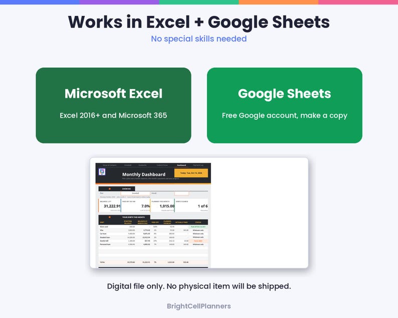 May include: A digital spreadsheet template featuring the text Works in Excel + Google Sheets, No special skills needed. Two green boxes label Microsoft Excel 2016+ and Microsoft 365, and Google Sheets. A Monthly Dashboard preview is shown below.