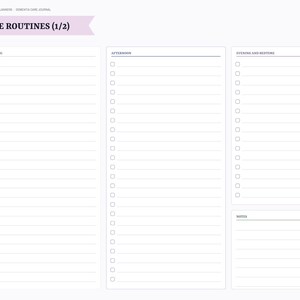 May include: A digital planner page titled CARE ROUTINES (1/2) with sections for Morning, Afternoon, and Evening and Bedtime, each featuring a checklist. The sidebar includes navigation labels: Index, Loved One, Behavior, Memory Aids, Routines, Medication, Respite, and Notes.