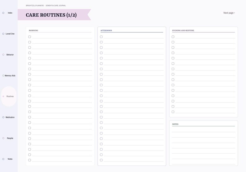 May include: A digital planner page titled CARE ROUTINES (1/2) with sections for Morning, Afternoon, and Evening and Bedtime, each featuring a checklist. The sidebar includes navigation labels: Index, Loved One, Behavior, Memory Aids, Routines, Medication, Respite, and Notes.