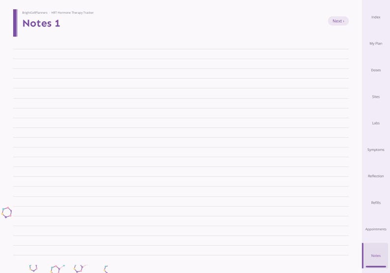 May include: A digital planner page titled Notes 1 with horizontal lines for writing. The sidebar features navigation tabs labeled Index, My Plan, Doses, Sites, Labs, Symptoms, Reflection, Refills, Appointments, and Notes in a light purple theme.