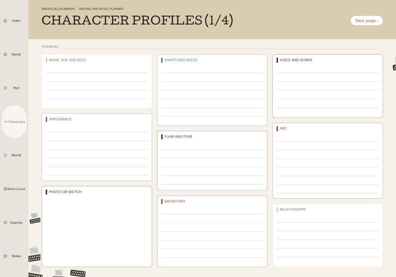 May include: A digital planner page titled CHARACTER PROFILES (1/4) with a beige background. It features sections for Name, Age and Role, Wants and Needs, Voice and Quirks, Appearance, Flaw and Fear, Arc, Photo or Sketch, Backstory, and Relationships.