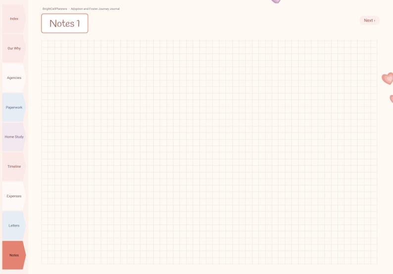 May include: A digital planner page titled Notes 1 with a light cream grid background. The left side features a vertical row of colored tabs labeled Index, Our Why, Agencies, Paperwork, Home Study, Timeline, Expenses, Letters, and Notes.
