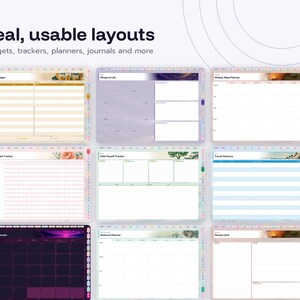 May include: A digital planner interface displaying nine distinct templates including a monthly budget, wheel of life, weekly meal planner, habit tracker, debt payoff tracker, travel itinerary, content calendar, workout planner, and recipe card.