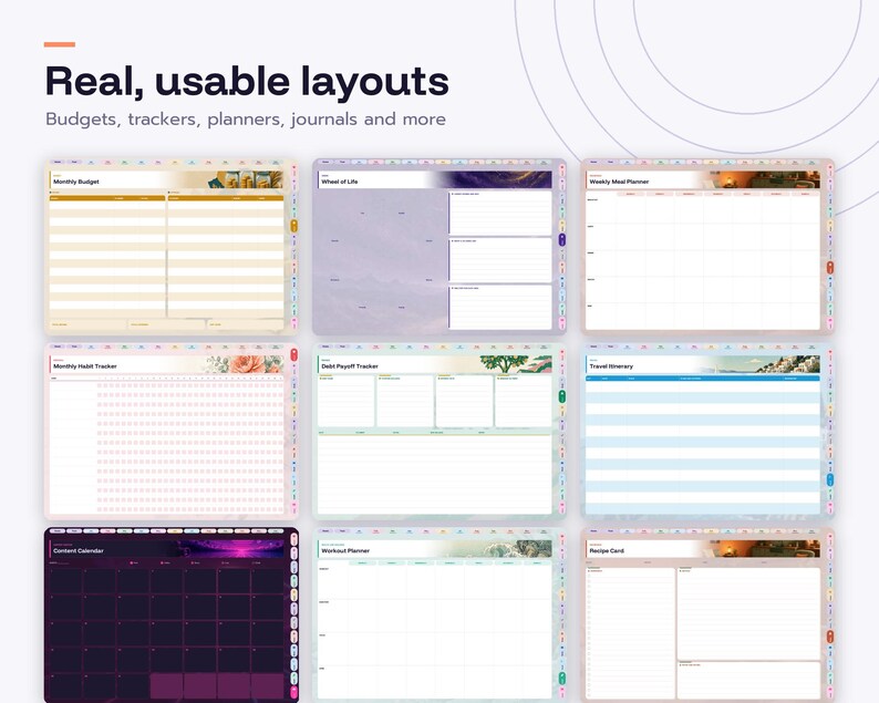 May include: A digital planner interface displaying nine distinct templates including a monthly budget, wheel of life, weekly meal planner, habit tracker, debt payoff tracker, travel itinerary, content calendar, workout planner, and recipe card.