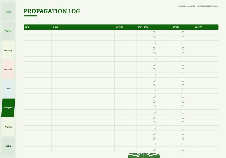 May include: A digital propagation log page with a dark green header featuring the text PROPAGATION LOG. The table includes columns for date, plant, method, roots seen, potted, and gave to, with checkboxes for tracking plant growth progress.