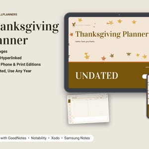 Puede incluir: Un planificador digital de Acci&oacute;n de Gracias en una tableta y un tel&eacute;fono, con tonos crema y marr&oacute;n y gr&aacute;ficos de hojas. El texto incluye 'BRIGHTCELLPLANNERS', 'Thanksgiving Planner', '12 Pages', 'Fully Hyperlinked' y 'UNDATED'.