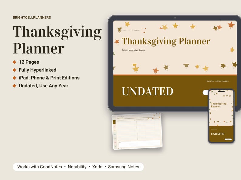 Puede incluir: Un planificador digital de Acci&oacute;n de Gracias en una tableta y un tel&eacute;fono, con tonos crema y marr&oacute;n y gr&aacute;ficos de hojas. El texto incluye 'BRIGHTCELLPLANNERS', 'Thanksgiving Planner', '12 Pages', 'Fully Hyperlinked' y 'UNDATED'.