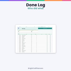 Puede incluir: Una plantilla de hoja de c&aacute;lculo digital Done Log titulada Done Log Who did what, que presenta una tabla con columnas para fecha, tarea, persona, estado y notas. La interfaz utiliza un esquema de color verde claro y blanco.