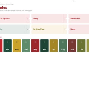 Peut inclure: Une page d'index de planificateur num&eacute;rique pour 2027 avec une barre lat&eacute;rale de navigation. La zone principale affiche des sections pour Year at a glance, Setup, Dashboard, Budget, Savings Plan, Notes et douze boutons de mois color&eacute;s.