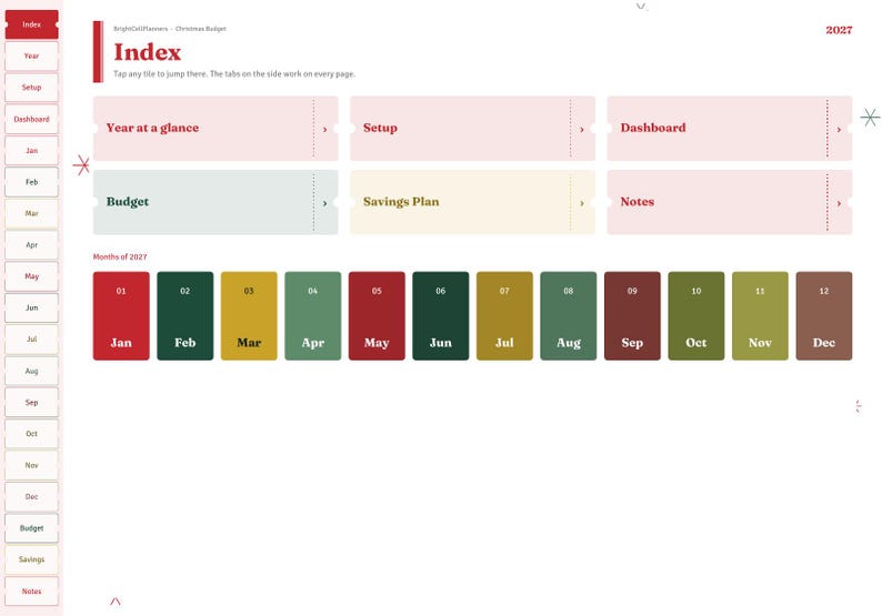 Peut inclure: Une page d'index de planificateur num&eacute;rique pour 2027 avec une barre lat&eacute;rale de navigation. La zone principale affiche des sections pour Year at a glance, Setup, Dashboard, Budget, Savings Plan, Notes et douze boutons de mois color&eacute;s.