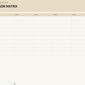 Puede incluir: Una p&aacute;gina de matriz de comparaci&oacute;n digital de un planificador de compra de vivienda con un encabezado beige etiquetado COMPARISON MATRIX. La tabla incluye columnas para cuatro casas y filas para factores como direcci&oacute;n, precio, camas, ba&ntilde;os, pies cuadrados, impuestos, HOA, viaje, escuelas, condici&oacute;n, patio y puntaje total.