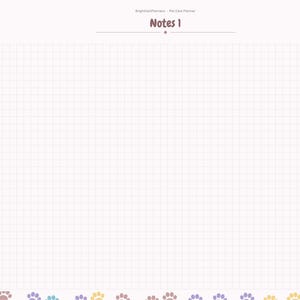 May include: A digital pet care planner page titled Notes 1 with a grid background. The left side features a vertical navigation bar with tabs labeled Index, Profiles, Vet, Feeding, Grooming, Expenses, Training, Sitter, and Notes.