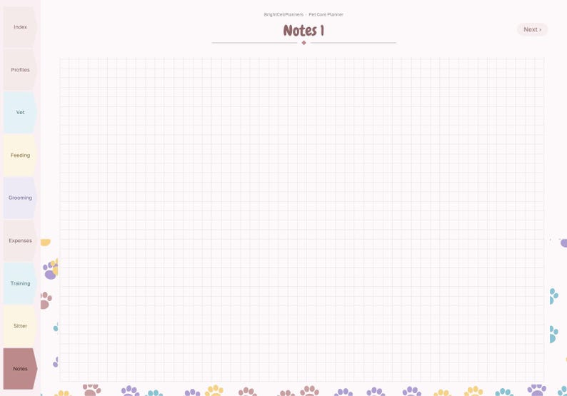 May include: A digital pet care planner page titled Notes 1 with a grid background. The left side features a vertical navigation bar with tabs labeled Index, Profiles, Vet, Feeding, Grooming, Expenses, Training, Sitter, and Notes.