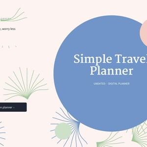 K&ouml;nnte beinhalten: Eine digitale Reiseplaner-Oberfl&auml;che auf hellrosa Hintergrund mit einem gro&szlig;en blauen Kreis, der den Text Simple Travel Planner, Undated Digital Planner sowie einen schwarzen Button mit der Aufschrift Open planner enth&auml;lt. Mit gr&uuml;nen und blauen Linien.