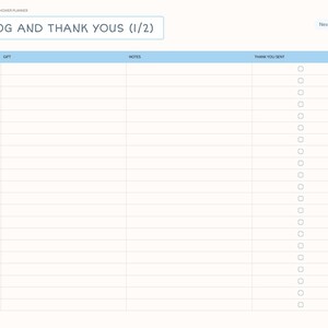 May include: A digital planner page titled GIFT LOG AND THANK YOUS (1/2) with columns for Guest, Gift, Notes, and Thank You Sent. The layout features a light blue header row, horizontal lines for entries, and a vertical list of checkboxes.