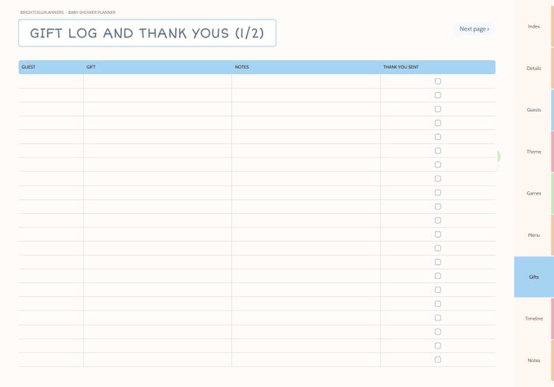 May include: A digital planner page titled GIFT LOG AND THANK YOUS (1/2) with columns for Guest, Gift, Notes, and Thank You Sent. The layout features a light blue header row, horizontal lines for entries, and a vertical list of checkboxes.