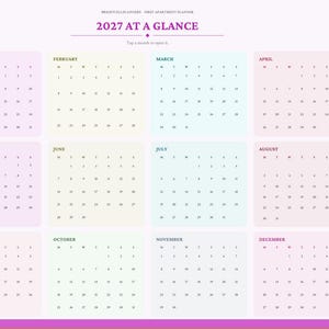 May include: A digital 2027 calendar planner page titled 2027 AT A GLANCE. It features twelve monthly grids in pastel colors, organized in a three-by-four layout. A vertical navigation sidebar on the right lists sections like Index, Year, and Budget.