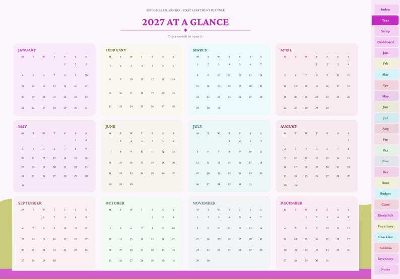 May include: A digital 2027 calendar planner page titled 2027 AT A GLANCE. It features twelve monthly grids in pastel colors, organized in a three-by-four layout. A vertical navigation sidebar on the right lists sections like Index, Year, and Budget.