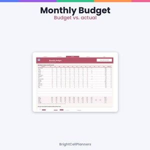 May include: A digital monthly budget planner template displayed on a tablet screen. The interface features a dark red header with the text Monthly Budget and Budget vs. actual. The spreadsheet includes columns for spending categories and monthly totals.