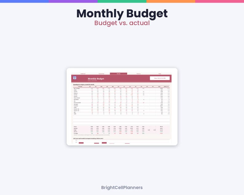 May include: A digital monthly budget planner template displayed on a tablet screen. The interface features a dark red header with the text Monthly Budget and Budget vs. actual. The spreadsheet includes columns for spending categories and monthly totals.