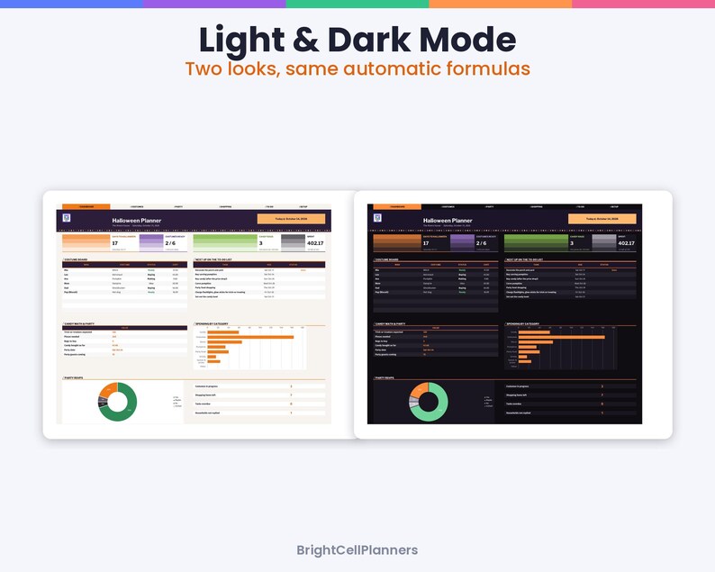 May include: A digital Halloween planner interface displayed in light and dark modes. The screen shows tables, bar charts, and a pie chart with orange, green, and purple accents. Text includes Light & Dark Mode, Two looks, same automatic formulas, Halloween Planner, and BrightCellPlanners.