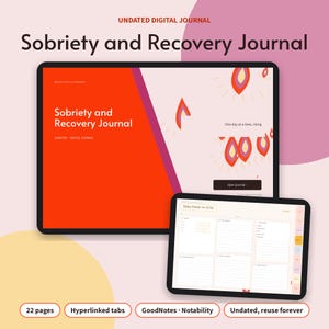 May include: A digital Sobriety and Recovery Journal displayed on two tablet screens. The larger screen shows a red cover with the title, while the smaller screen displays a daily check-in page with lined sections, checkboxes, and hyperlinked tabs.