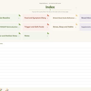 May include: A digital gut health and IBS journal index page featuring a sidebar with navigation tabs and a main area with clickable tiles labeled My Gut Baseline, Food and Symptom Diary, Bristol Stool Scale Reference, and Bowel Movement Log.