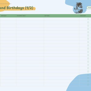 May include: A digital planner page titled Friends and Birthdays (1/2) with a table featuring columns for friend, birthday, favorite treat, gift idea, and card sent. The layout includes a side navigation bar with colored tabs and a tree graphic.