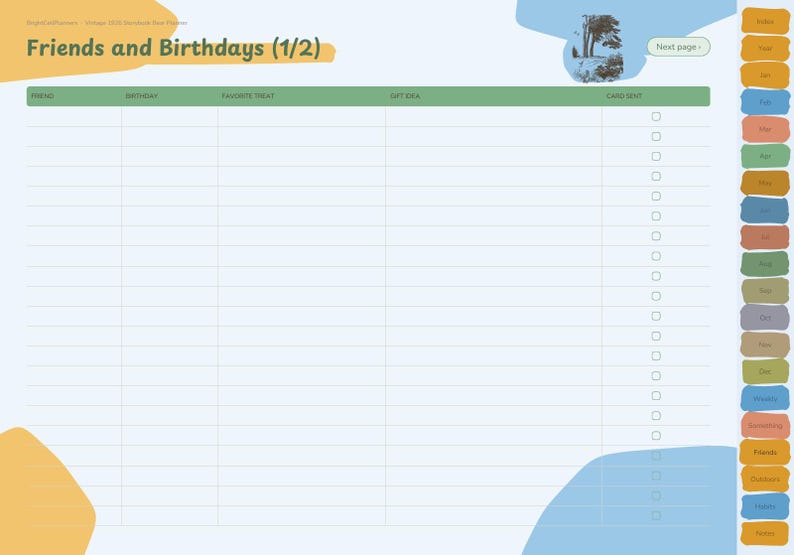 May include: A digital planner page titled Friends and Birthdays (1/2) with a table featuring columns for friend, birthday, favorite treat, gift idea, and card sent. The layout includes a side navigation bar with colored tabs and a tree graphic.