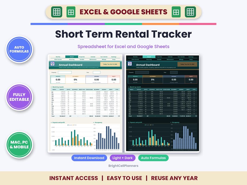 K&ouml;nnte beinhalten: Eine digitale Kurzzeitvermietungs-Tracker-Tabelle f&uuml;r Excel und Google Sheets mit hellen und dunklen Jahres-Dashboards, automatischen Formeln, Datentabellen und Balkendiagrammen zur Verfolgung von Auslastung, Ausgaben und Gewinnen.