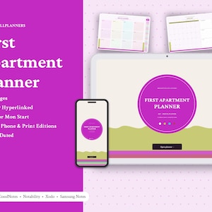 May include: A digital planner displayed on a tablet and smartphone screen, featuring the text First Apartment Planner. The interface includes a purple circular graphic, a light green wavy base, and two smaller planner page previews above.