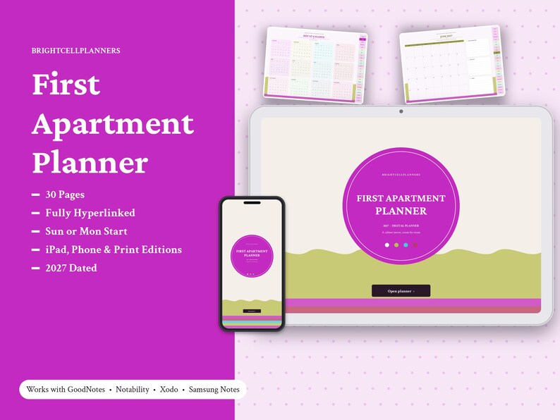 May include: A digital planner displayed on a tablet and smartphone screen, featuring the text First Apartment Planner. The interface includes a purple circular graphic, a light green wavy base, and two smaller planner page previews above.