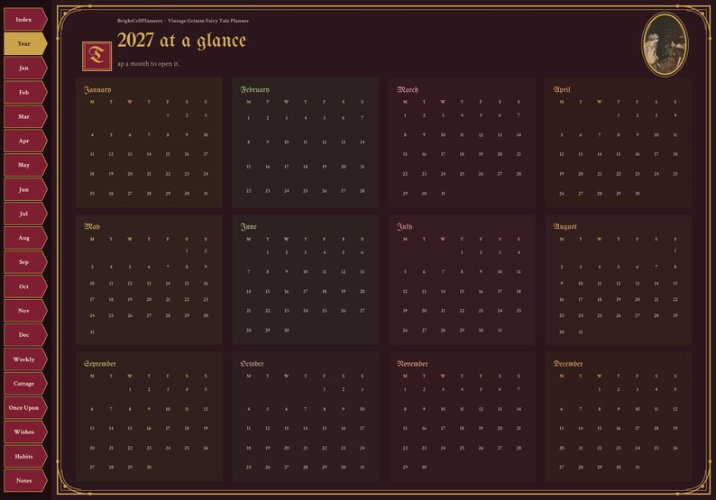 K&ouml;nnte beinhalten: Eine digitale 2027 Kalender-Planer-Seite mit dunkelburgunderfarbenem Hintergrund und goldenem Rand. Sie zeigt eine Zw&ouml;lf-Monats-&Uuml;bersicht mit dem Titel 2027 at a glance und seitliche Navigationsreiter mit der Beschriftung Index, Year, Jan bis Dec, Weekly, Cottage, Once Upon, Wishes, Habits und Notes.
