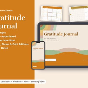 May include: A digital gratitude journal displayed on a tablet and smartphone screen, featuring a 2027 dated cover with wavy orange and green shapes. The text reads BRIGHTCELLPLANNERS, Gratitude Journal, 54 Pages, Fully Hyperlinked, Sun or Mon Start, iPad, Phone & Print Editions, 2027 Dated, and Works with GoodNotes, Notability, Xodo, Samsung Notes.