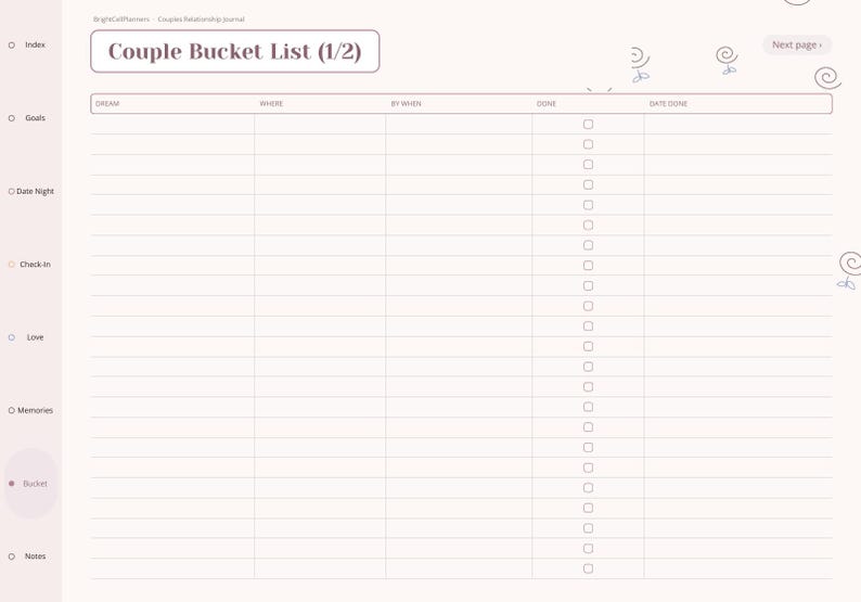 May include: A digital planner page titled Couple Bucket List (1/2) with a table featuring columns for Dream, Where, By When, Done, and Date Done. The left sidebar lists Index, Goals, Date Night, Check-In, Love, Memories, Bucket, and Notes.