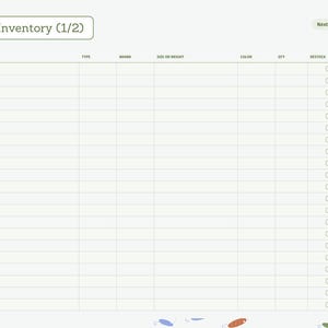 K&ouml;nnte beinhalten: Eine digitale Planerseite mit dem Titel Tackle Inventory (1/2) und Spalten f&uuml;r Artikel, Typ, Marke, Gr&ouml;&szlig;e oder Gewicht, Farbe, Menge und Kontrollk&auml;stchen. Auf der rechten Seite befindet sich ein Reiter mit der Aufschrift Tackle.