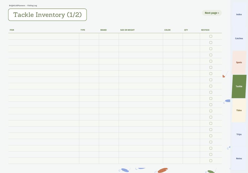 K&ouml;nnte beinhalten: Eine digitale Planerseite mit dem Titel Tackle Inventory (1/2) und Spalten f&uuml;r Artikel, Typ, Marke, Gr&ouml;&szlig;e oder Gewicht, Farbe, Menge und Kontrollk&auml;stchen. Auf der rechten Seite befindet sich ein Reiter mit der Aufschrift Tackle.