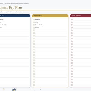 May include: A digital planner page titled Christmas Day Plans with three columns labeled Christmas Eve in dark blue, Christmas Day in gold, and Guests and menu in dark red. The page includes checkboxes for lists and a sidebar with navigation tabs for Index, Devotional, Reflection, Countdown, Wreath, Kindness, Christmas, and Notes.