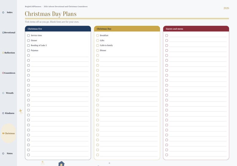 May include: A digital planner page titled Christmas Day Plans with three columns labeled Christmas Eve in dark blue, Christmas Day in gold, and Guests and menu in dark red. The page includes checkboxes for lists and a sidebar with navigation tabs for Index, Devotional, Reflection, Countdown, Wreath, Kindness, Christmas, and Notes.