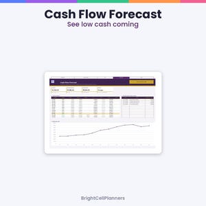 May include: A digital Cash Flow Forecast spreadsheet template displayed on a screen. The interface features a purple header with the text Cash Flow Forecast, a data table with monthly financial figures, and a line graph showing trends.