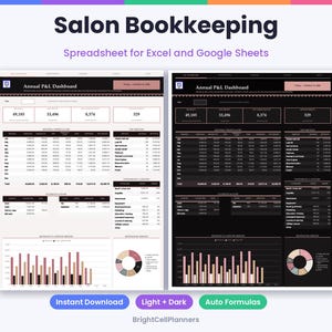 K&ouml;nnte beinhalten: Eine digitale Buchhaltungstabelle f&uuml;r Salons f&uuml;r Excel und Google Sheets mit einem j&auml;hrlichen Gewinn- und Verlust-Dashboard in hellem und dunklem Design. Das Layout enth&auml;lt Datentabellen, Finanz&uuml;bersichten, Balken- und Kreisdiagramme.