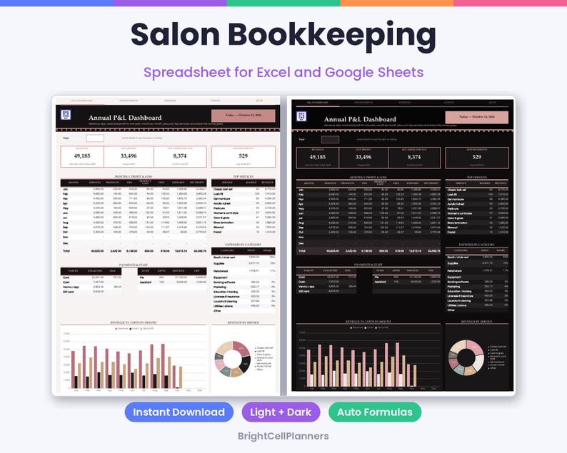 K&ouml;nnte beinhalten: Eine digitale Buchhaltungstabelle f&uuml;r Salons f&uuml;r Excel und Google Sheets mit einem j&auml;hrlichen Gewinn- und Verlust-Dashboard in hellem und dunklem Design. Das Layout enth&auml;lt Datentabellen, Finanz&uuml;bersichten, Balken- und Kreisdiagramme.