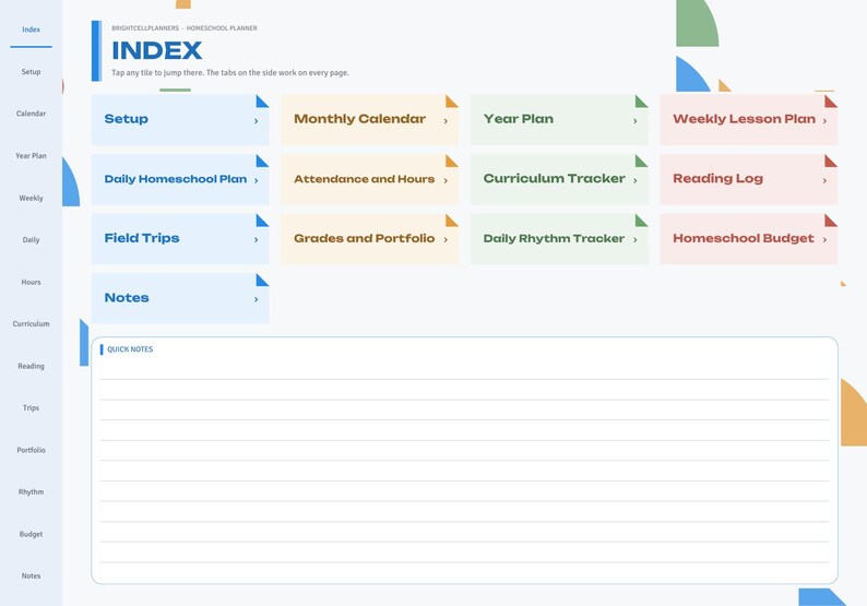 May include: A digital homeschool planner index page featuring a navigation sidebar and a grid of clickable buttons labeled Setup, Monthly Calendar, Year Plan, Weekly Lesson Plan, Daily Homeschool Plan, Attendance, Curriculum, Reading, Trips, and Budget.